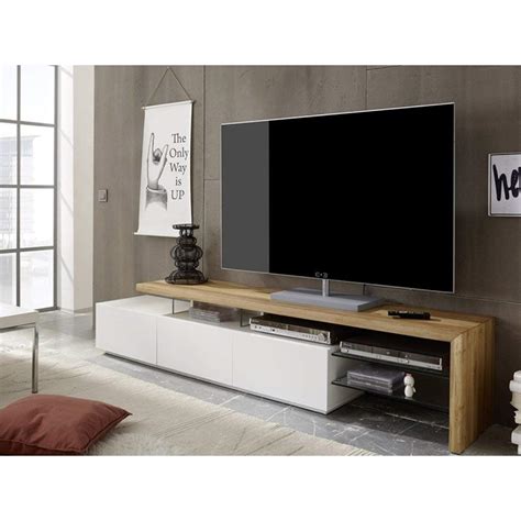 Buy Modanuvo Large White And Solid Oak Glass Modern Tv Unit Cabinet Stand