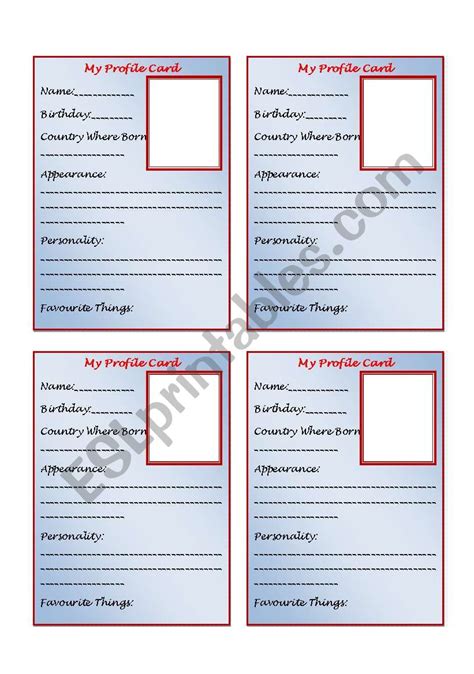 It should work like an elevator pitch: Personal Profile Card Template - ESL worksheet by sirgary1026