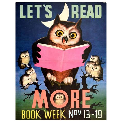 Original Vintage Poster Lets Read More Childrens Books Education Owl