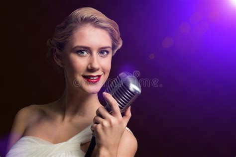 Attractive Female Singer With Microphone Stock Photo Image Of