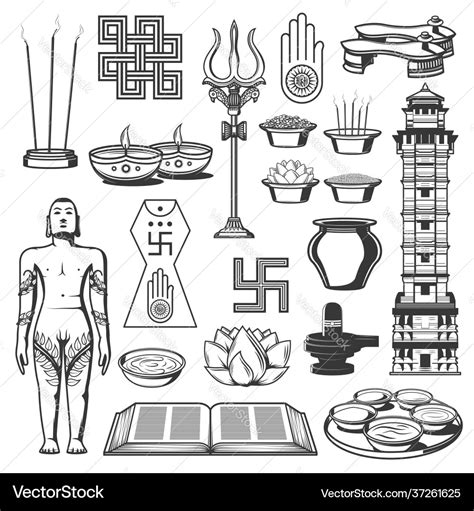 Jainism Religion Jain Dharma Icons And Symbols Vector Image