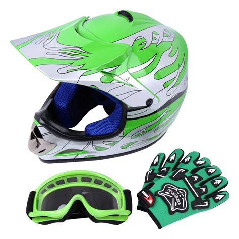 Dot Youth Greensilver Dirt Bike Atv Motocross Helmet Goggles With