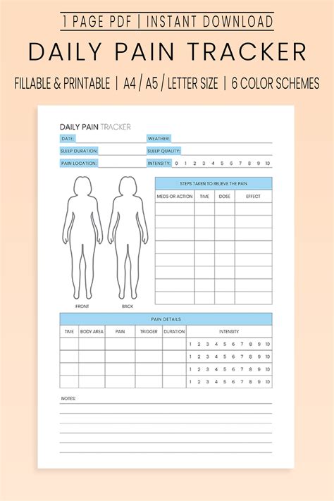 Daily Pain Tracker Pain Log Health Tracker Printable Chronic Pain