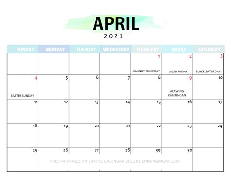 2021 April Calendar With Holidays Free Letter Templates