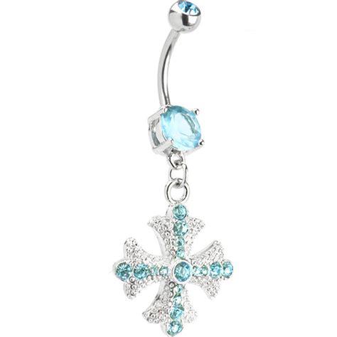 Aqua Gem Ornate Jeweled Cross Dangle Belly Ring Bodycandy