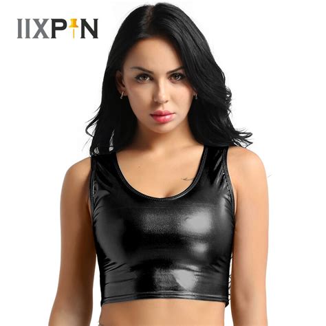 iixpin sexy womens shiny crop top pole dance clubwear metallic scoop neck tank vest bustier