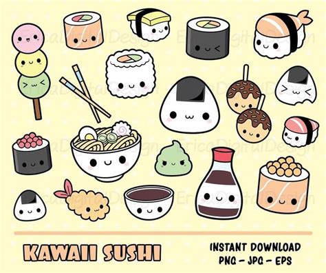 Sushi Kawaii Clipart Bundle Cute Sushi Clip Art Onigiri Nigiri Etsy