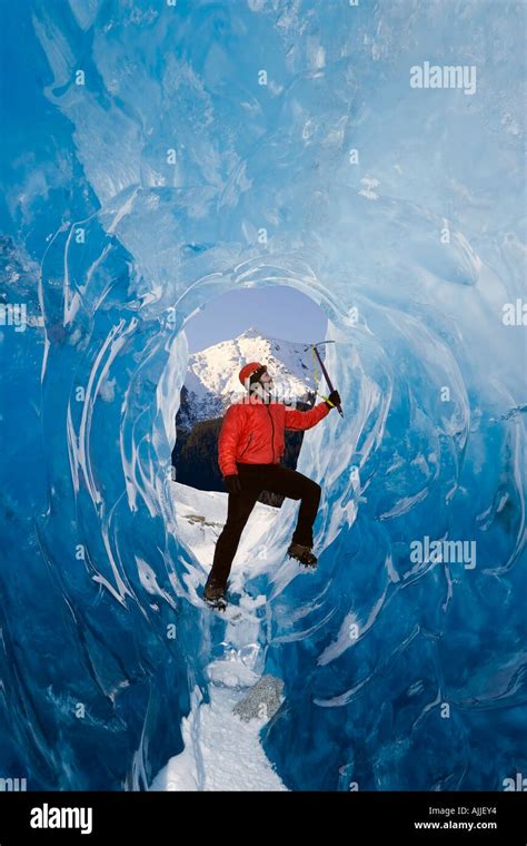 Male Ice Climber Inside Ice Cave Mendenhall Glacier Tongass National