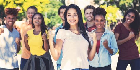 Large Group Successful Cheering Students Young Adults Stock Photos