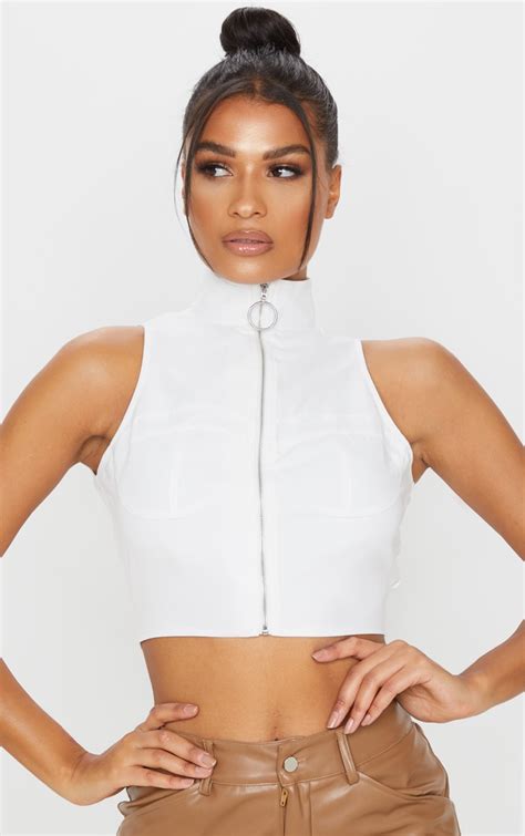 White Satin Cup Detail Sleeveless Zip Crop Top Prettylittlething Ca