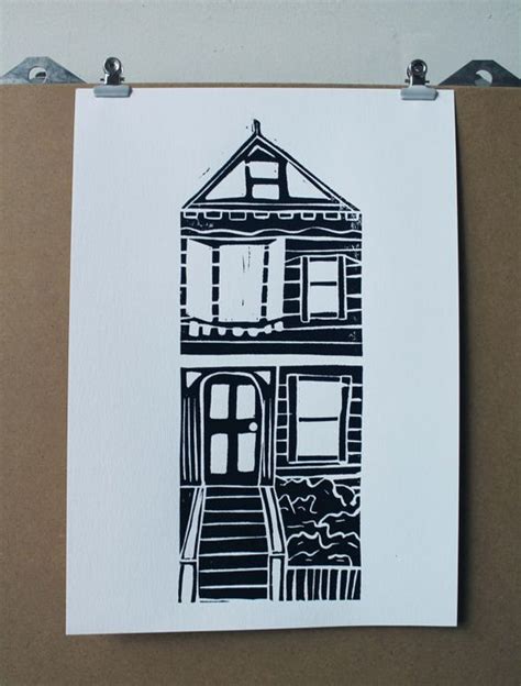 Black And White Ink Town House Lino Print 6 By Katemorrisart Lino