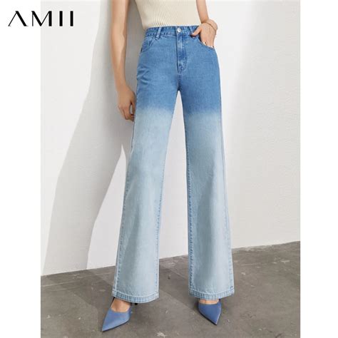 Amii Minimalism Summer Jeans For Women High Waist Gradual Change Denim