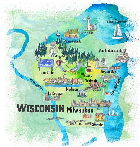 Wisconsin Usa State Illustrated Travel Poster Favorite Tourist Map