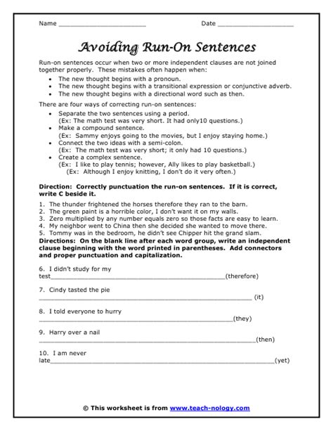 Identifying Run On Sentences Worksheets