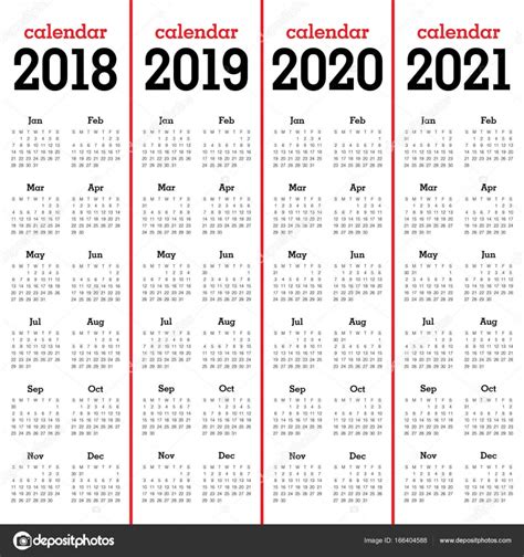 Year 2018 2019 2020 2021 Calendar Vector — Stock Vector © Dolphfynlow