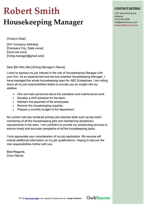 housekeeping cover letter sample