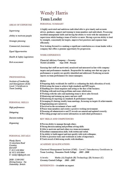 Team Leader Cv Example Resume Template Job Description Supervisor
