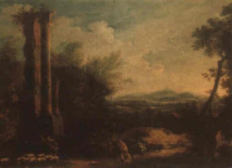 Extensive Italianate Landscape With Ruins A Traveller And A Shepherd