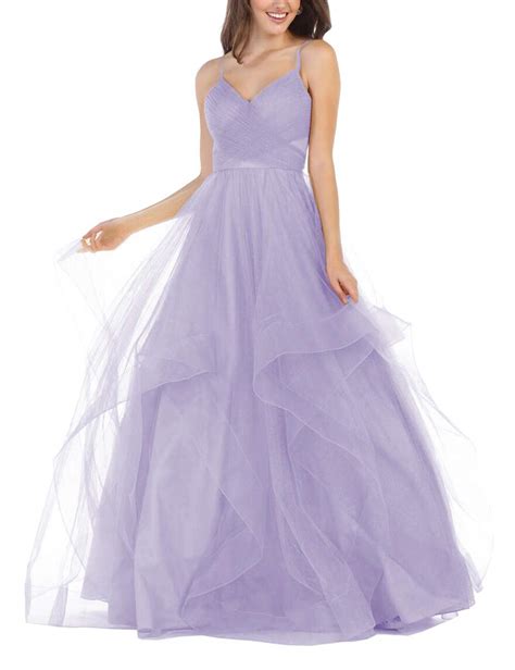 Sparkly V Neck A Line Prom Dresses Tiered Tulle Long Spaghetti Strap