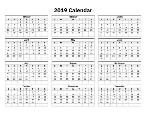 Printable Yearly Calendar 2019