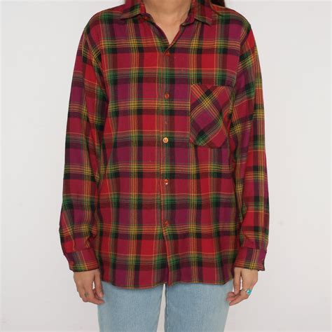 90s Flannel Shirt Red Plaid Button Up Shirt Retro Checkered Grunge