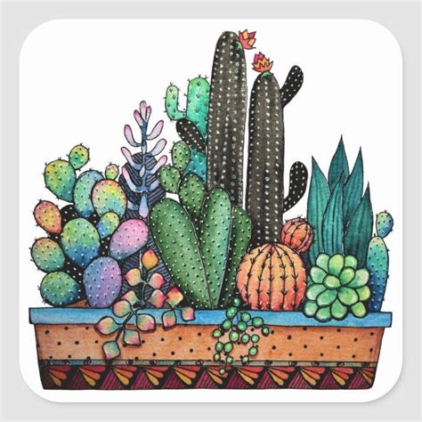 These tutorials will help you create easy watercolor paintings. Cute Watercolor Cactus Garden In Pot Square Sticker ...