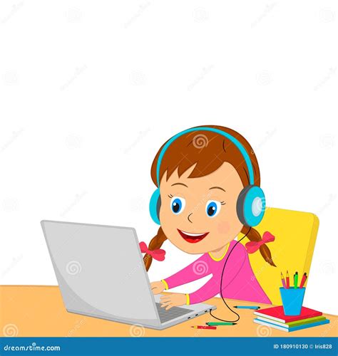 Little Cartoon Girl Using Computer Stock Vector Illustration Of