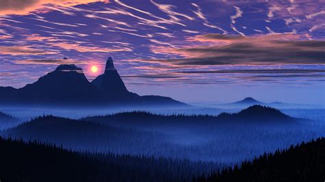 Landscape Nature Blue Mist Sunset Forest Mountain