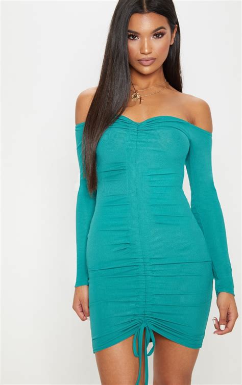 Deep Turquoise Ribbed Long Sleeve Bardot Ruched Bodycon Dress
