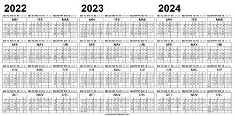 2022 2023 And 2024 Calendar Monday Start Yearly Calendar Template Zohal