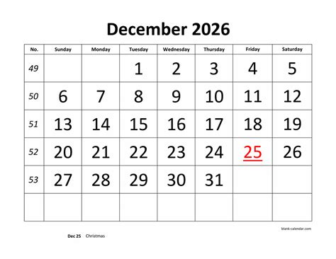 Free Download Printable December 2026 Calendar Large Font Design