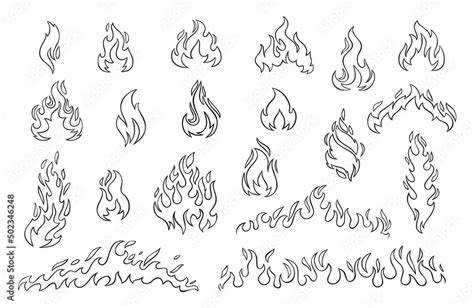 Fire And Flames Outline Icon Set Contour Bonfire Linear Flaming