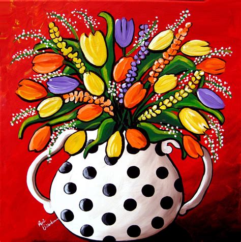 Tulips And Spring Flowers Whimsical Colorful Folk Art Giclee