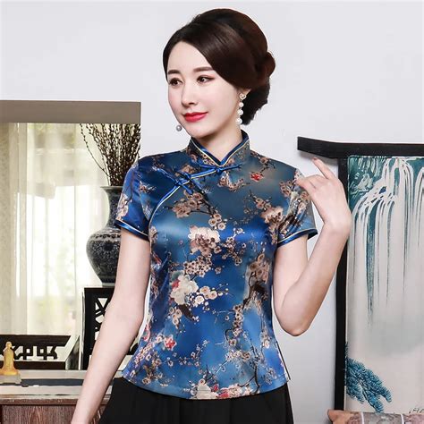 Summer Short Sleeve Satin Blouse Traditional Chinese Style Shirt