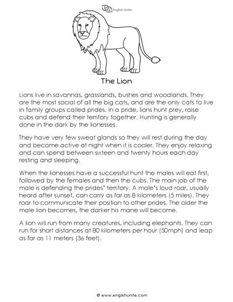 Reading comprehension texts and exercises Short Story - The Lion - English Unite
