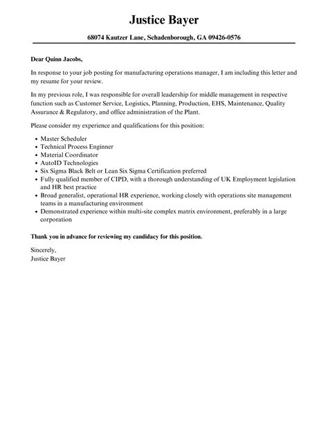 Manufacturing Operations Manager Cover Letter Velvet Jobs
