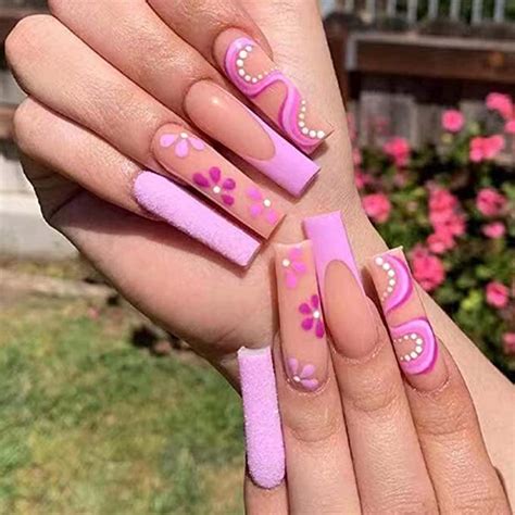 Foccna French Tip Press On Nails Coffin Long Pink Fake