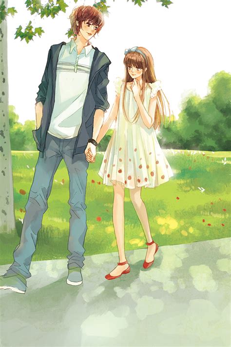 Love Anime Couple Boy Girl Tree Red Shoes White Dress