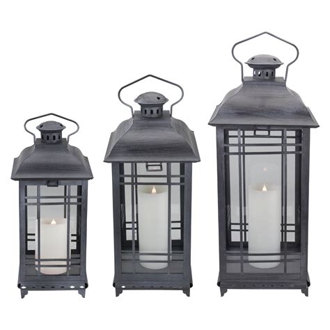 Set Of 3 Gray And White Wash Mission Style Glass Pillar Candle Lanterns