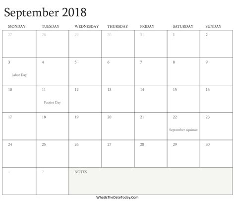 Editable Calendar September 2018 With Holidays Whatisthedatetodaycom