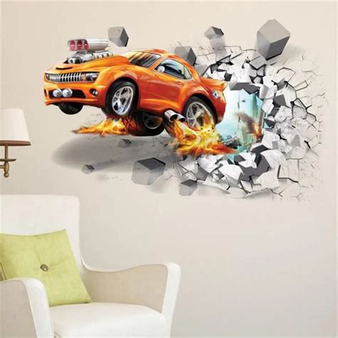 3d Creative Car Wall Stickers Wall Break Racing Car Wall Paper Vinyl