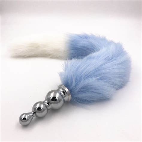 Stainless Steel Anal Plug Fox Tail Anal Beads Light Blue Tail Anus