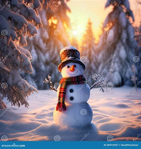 Snowman In The Forest At Sunset Stock Illustration Illustration Of