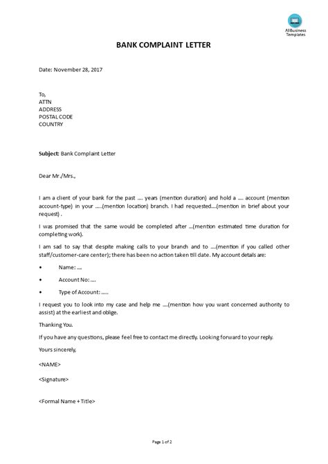 The letterhead to a bank manager needs to include your personal information and the date on the top, right corner of the paper. Bank Complaint Letter Templates At Allbusinesstemplates Com