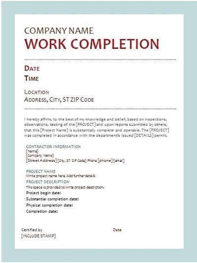 Work Completion Letter Sample