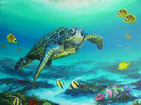 Sea Turtle Painting Underwater Art Moorish Idols