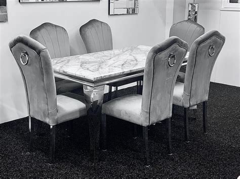 Louis Marble 16 Dining Table Set 6 Grey Plush Knocker Back Chairs