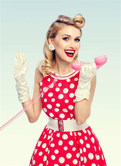Smiling Woman With Phone Dressed In Pin Up Stock Image Image Of