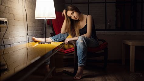 Women Sitting Blonde Barefoot Sergey Zhirnov Women Indoors Long Hair Feet Portrait Lamp
