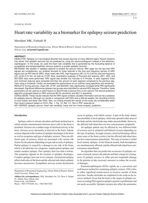 Pdf Heart Rate Variability As A Biomarker For Epilepsy Seizure Prediction